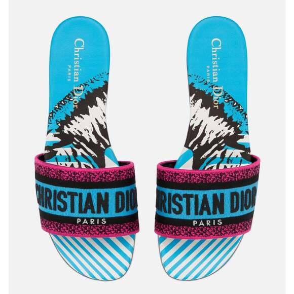 Christian Dior Dway D Jungle Blue Black Embroidered Logo Slide Flat Sandal 35.5 - Picture 2 of 12